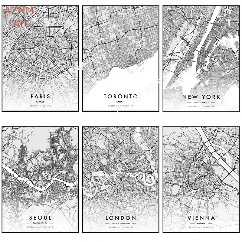 Home Decor New York - Stadskaart Kunstwerk Poster Parijs New York