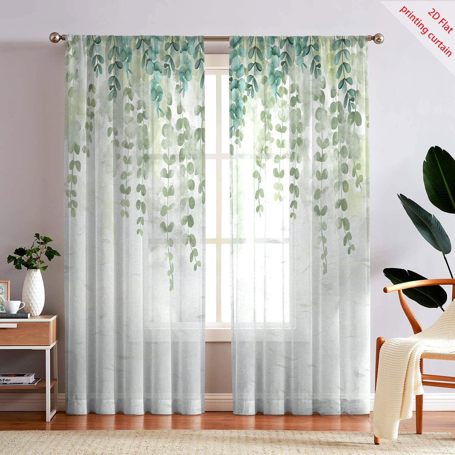 Home Decor Youtube - Bedrukt transparant gaasgordijn met planten-, bloemen-