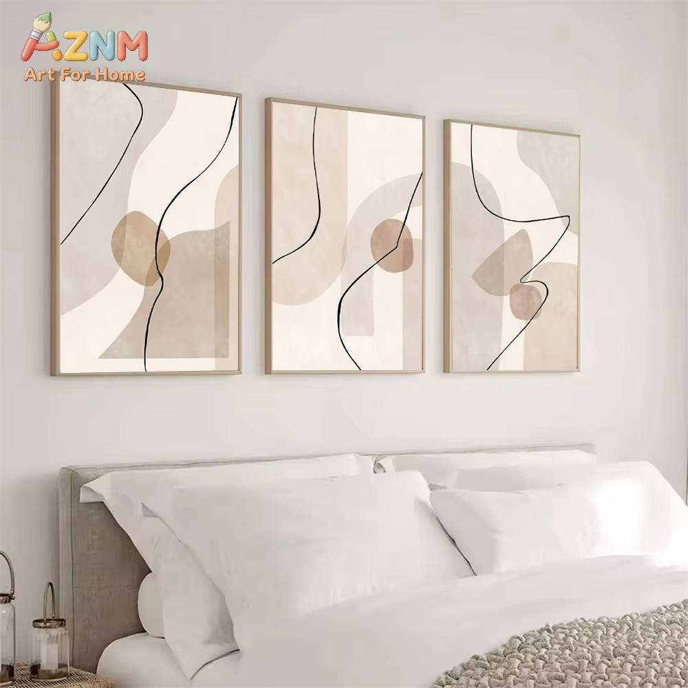 Home Decor Interior - Abstracte beige geometrie lijn muurkunst canvas