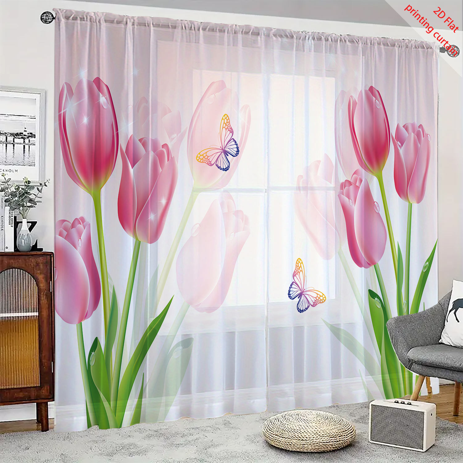 Home Decor Tulip - Roze tulpenprint transparant gaasgordijn, romantische huisdecoratie,