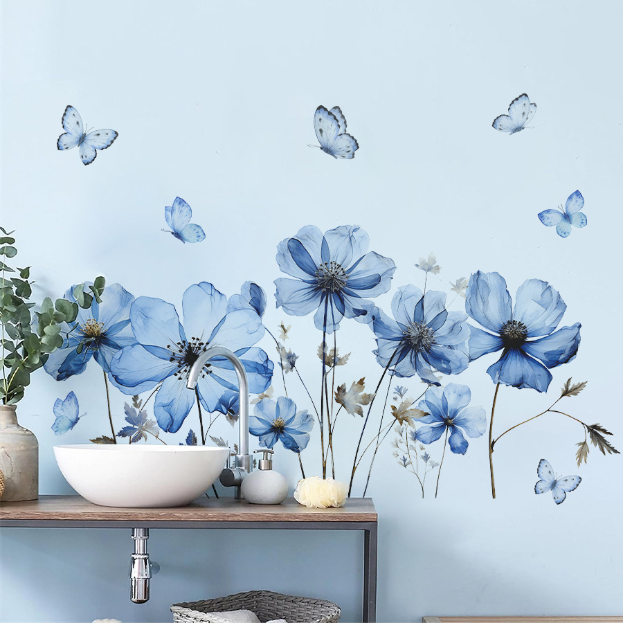 Home Decor Vinyl Flooring - Frisse blauwe vlinder- en bloemenmuursticker, zelfklevende