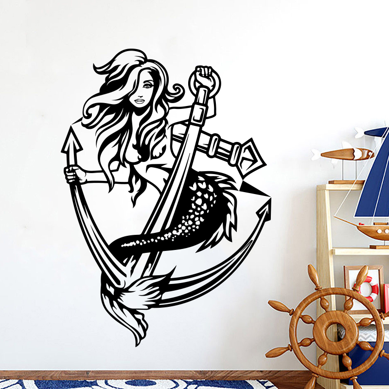 Home Decor Vinyl Flooring - Sexy zeemeermin meisje dame anker muursticker