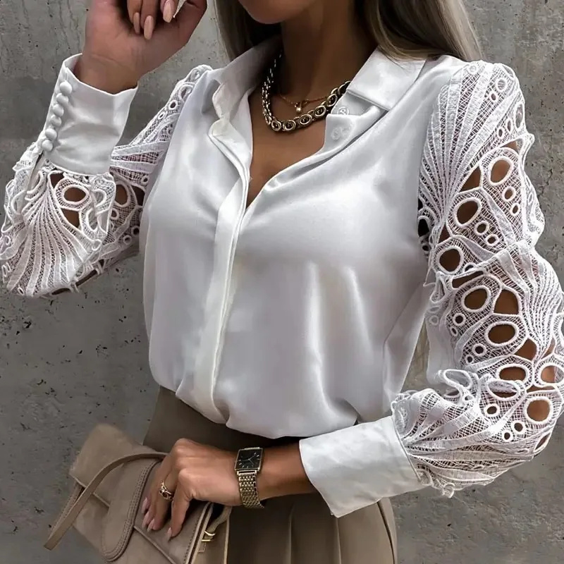 Home Decor Zara - Witte sexy kant uitgehold damesblouse herfst